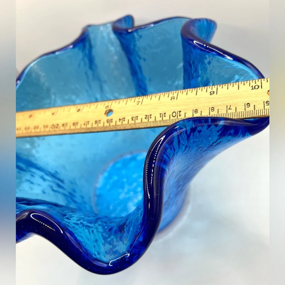Cobalt Blue Art Glass Handkerchief Handblown Bowl Vase Abstract Fluted Edges 10